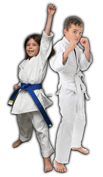 Martial Arts Lessons for Kids in Dolton IL - Happy Blue Belt Girl and Focused Boy Banner